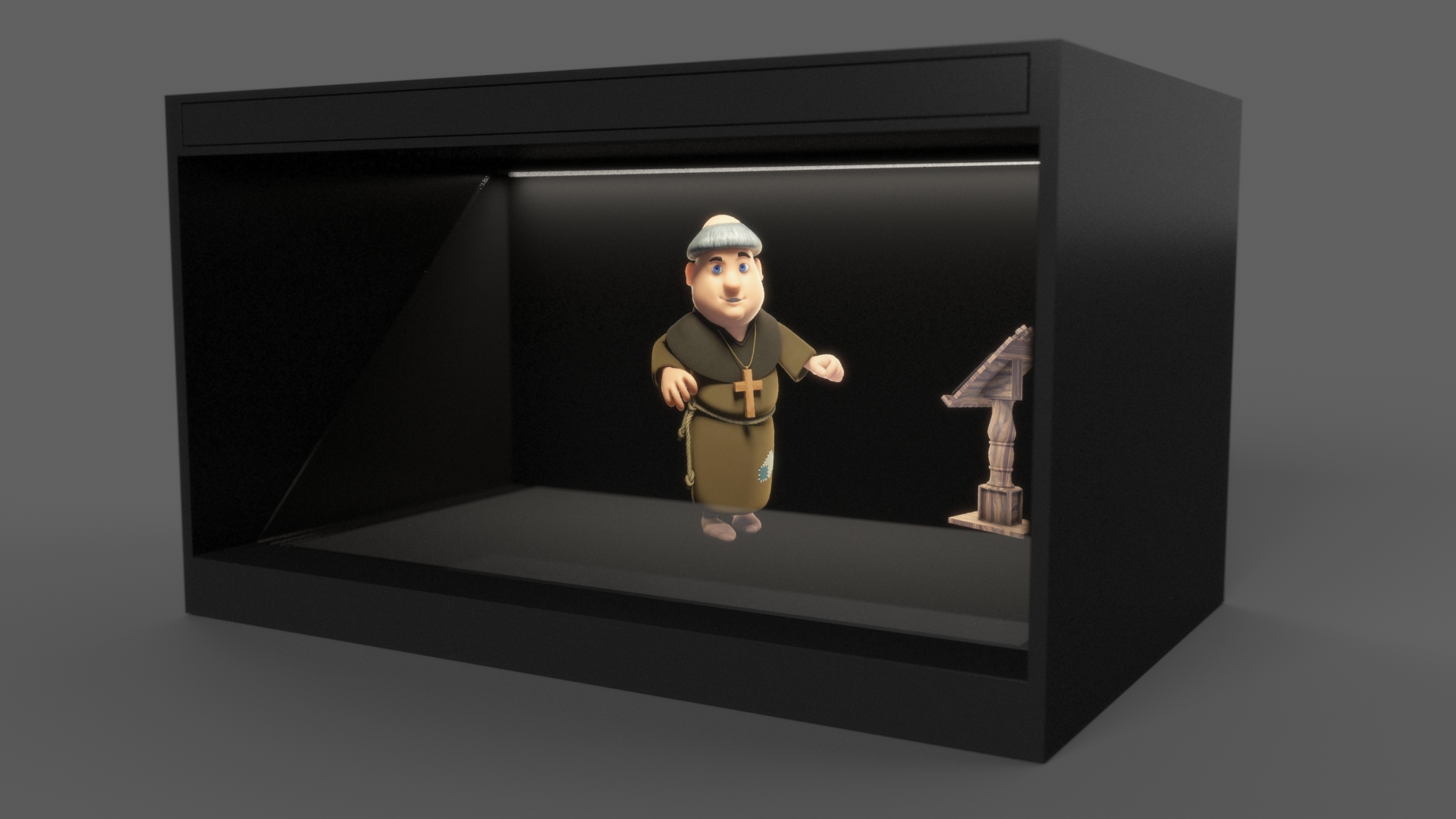 hologramme vitrine d'un moine